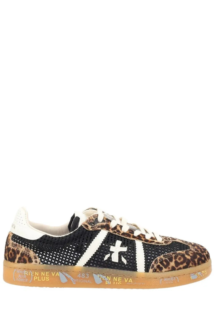 Black and leopard-print premiata women’s bonnied sneaker with white laces mesh upper and gum sole with graffiti text