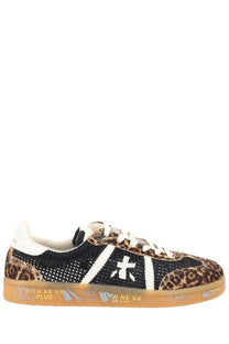 Black and leopard-print premiata women’s bonnied sneaker with white laces mesh upper and gum sole with graffiti text