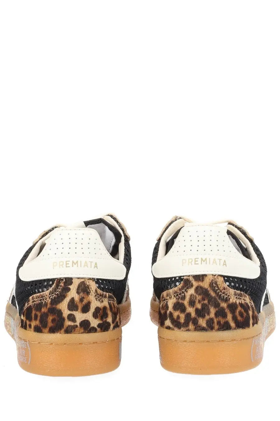 Premiata women’s Bonnied sneaker in black and tan leopard print with white perforated accents and gum rubber sole
