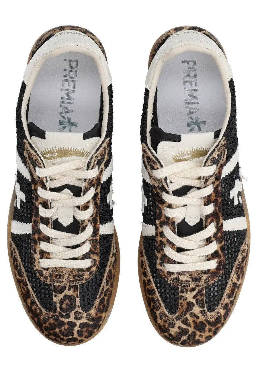 Premiata women’s Bonnied sneaker in leopard print and black mesh with white laces and gum rubber sole