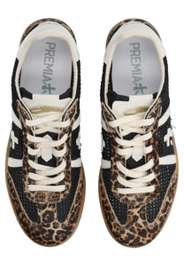 Premiata women’s Bonnied sneaker multicolor with leopard-print and black mesh upper white laces and gum rubber sole