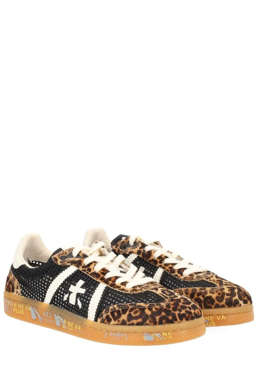 Premiata women’s Bonnied sneaker multicolor with leopard print leather, black mesh panels, white laces, and tan rubber sole