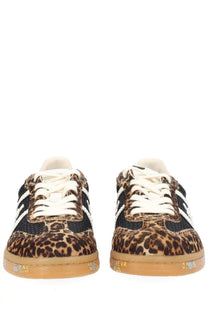 Premiata women’s Bonnied sneaker multicolor with leopard-print, black mesh panels, white laces, and gum rubber sole
