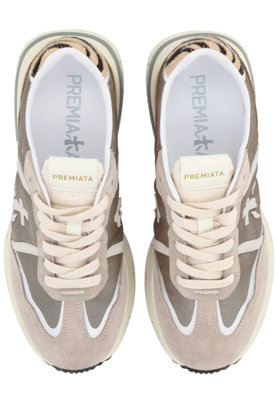 Premiata women’s Cassie sneaker in beige and gray with tiger-print heel lining white laces and contrasting white stripes