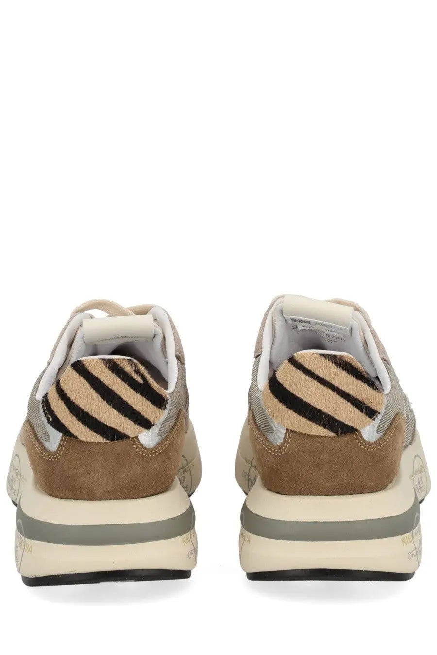 Premiata women’s cassie sneaker in tan suede and mesh with black and tan zebra print heel tab and layered rubber soles