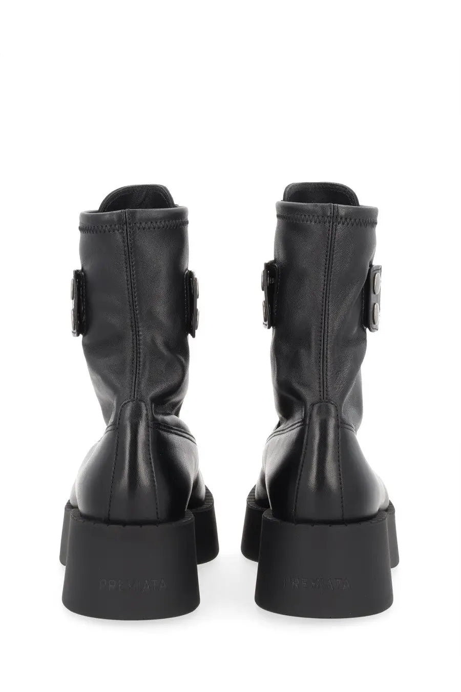 Premiata women’s black leather ankle boots with chunky soles and metallic buckle accents