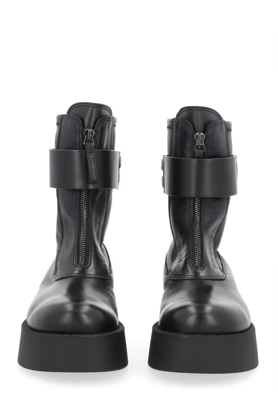 Premiata women’s black leather ankle boots with thick platform sole and wide strap across the upper