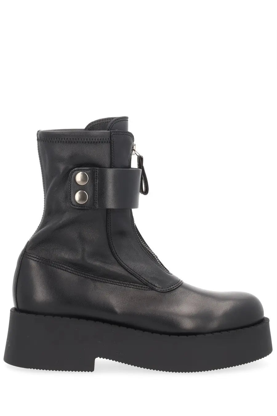 Premiata women’s black leather ankle boot with chunky platform sole and silver-toned metal buckle detail