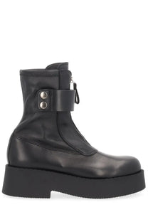 Premiata women’s black leather ankle boot with chunky platform sole and silver-toned metal buckle detail