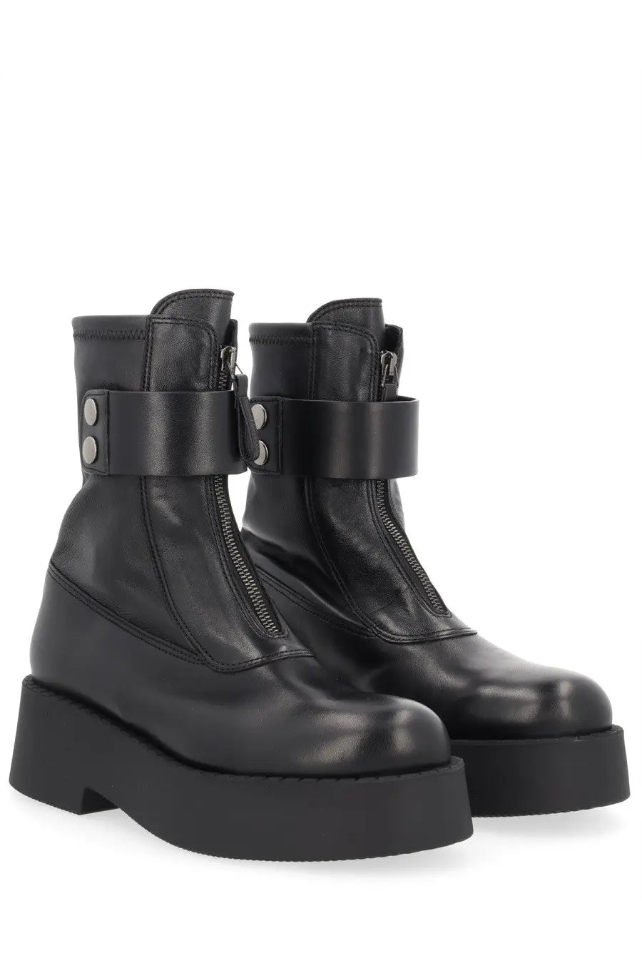 Premiata women’s black leather platform boots with thick sole and adjustable strap detail