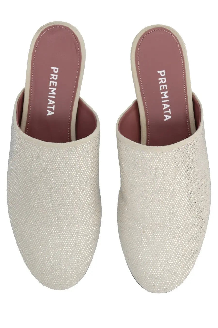 Cream-colored premiata womens leather slippers with textured woven upper and suede lining in beige
