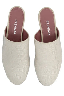 Cream-colored premiata womens leather slippers with textured woven upper and suede lining in beige