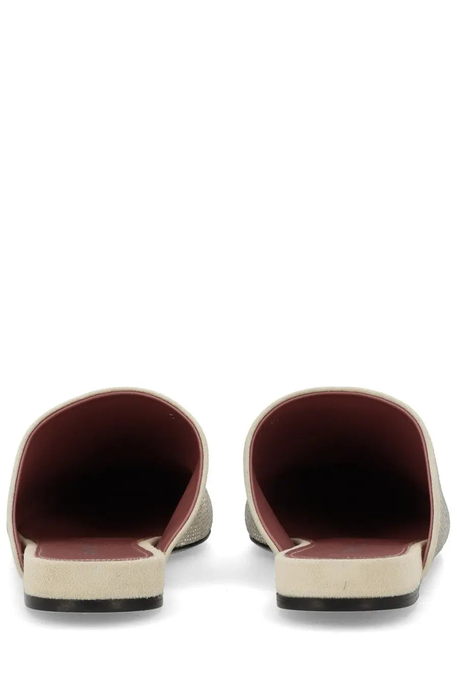 Premiata women’s leather beige slippers with cream suede mules featuring subtle glittery texture and burgundy lining