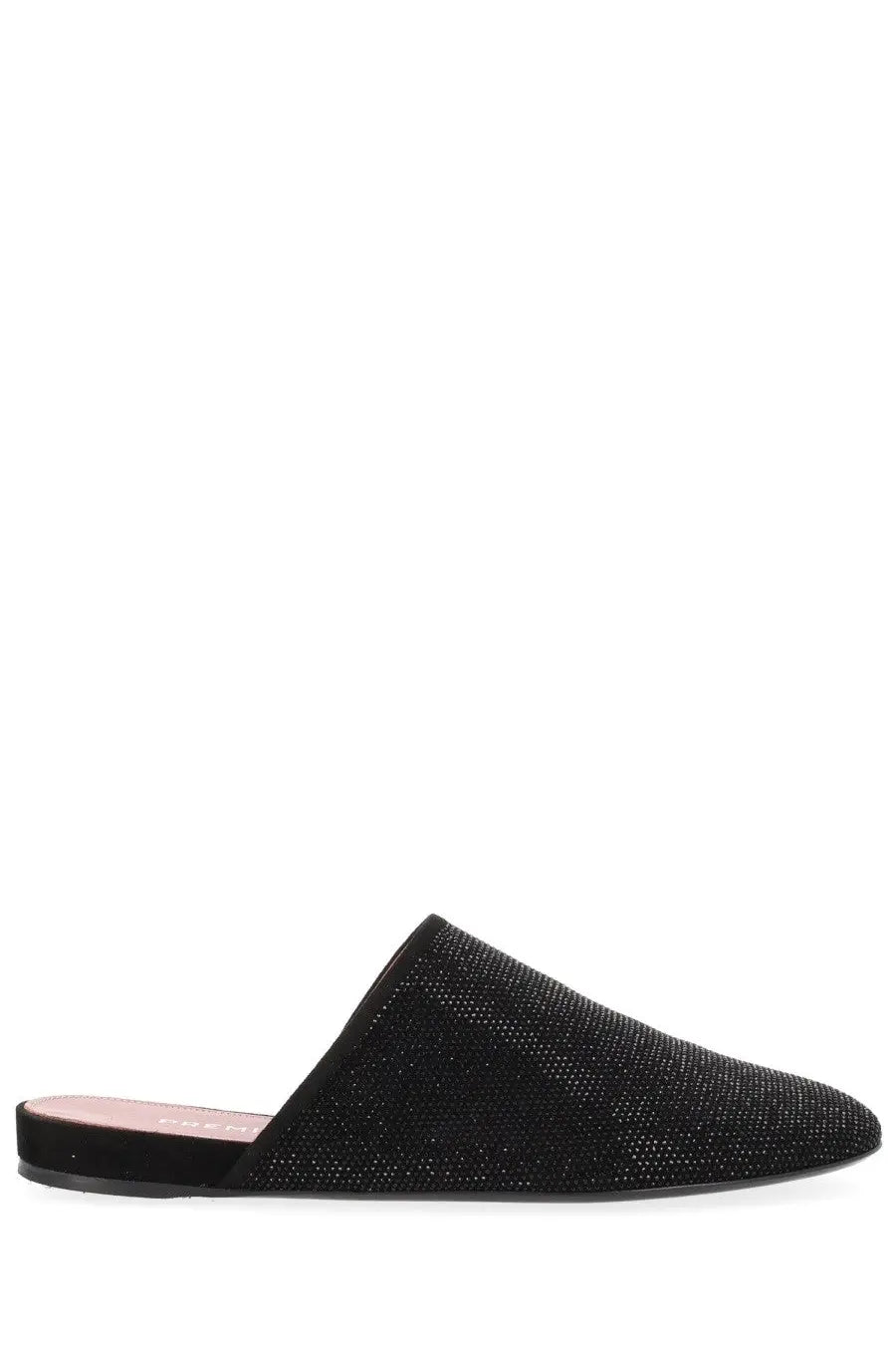 Premiata women’s leather slipper black black glittery slip-on mule with suede-like upper and flat sole