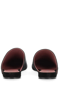 Premiata women’s leather slipper black glittery suede mules with burgundy interior lining front view