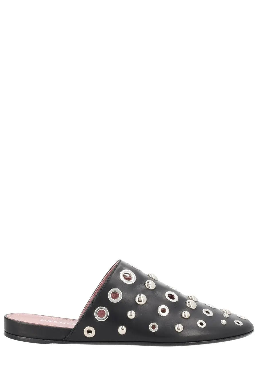 Premiata womens black leather mule slip-on sandal with silver-toned circular studs of varying sizes