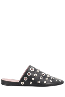 Premiata womens black leather mule slip-on sandal with silver-toned circular studs of varying sizes