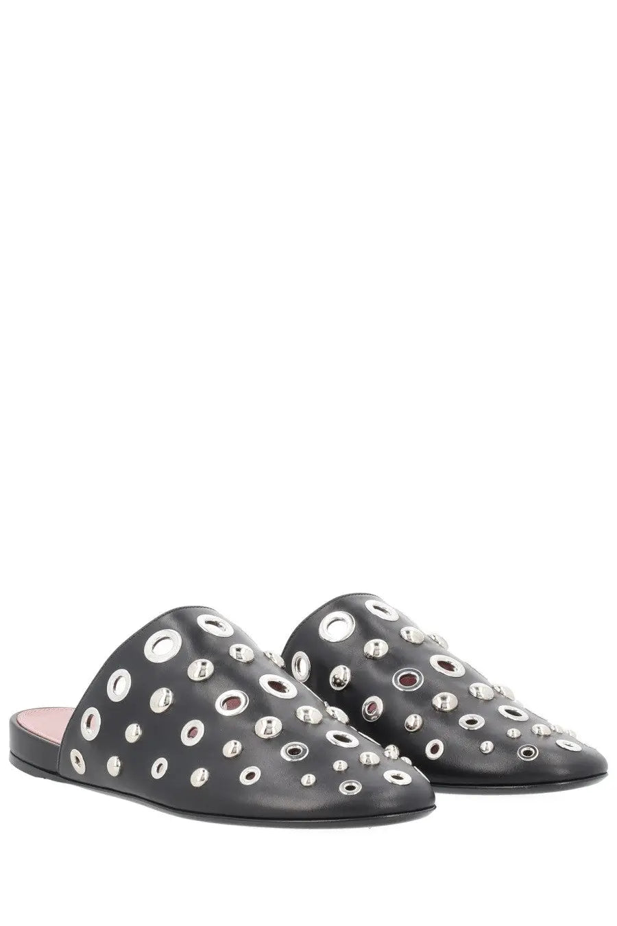 Premiata women’s black leather mules with silver toned circular studs for stylish casual wear