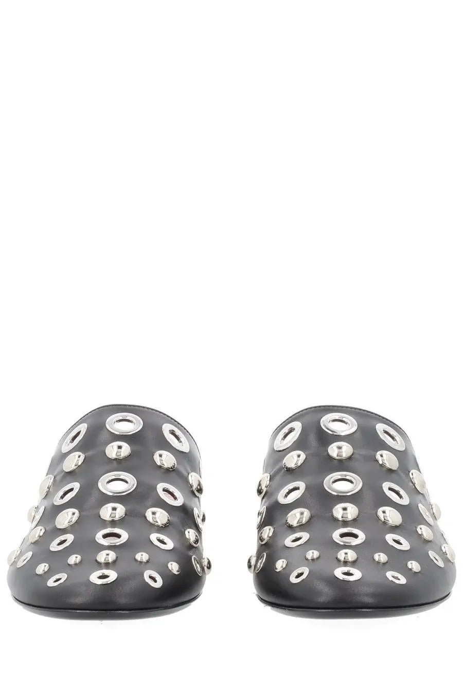 Premiata women’s black leather slippers with silver-toned metal grommets in varying sizes on the upper side