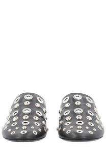 Premiata women’s black leather slippers with silver-toned metal grommets in varying sizes on the upper side