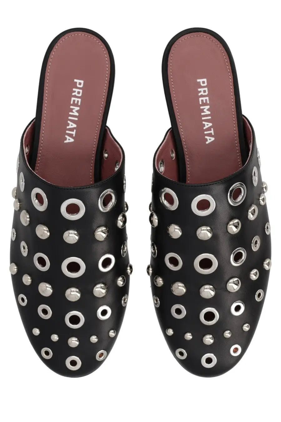 Premiata women’s black leather mules with silver-toned circular studs and metallic accents