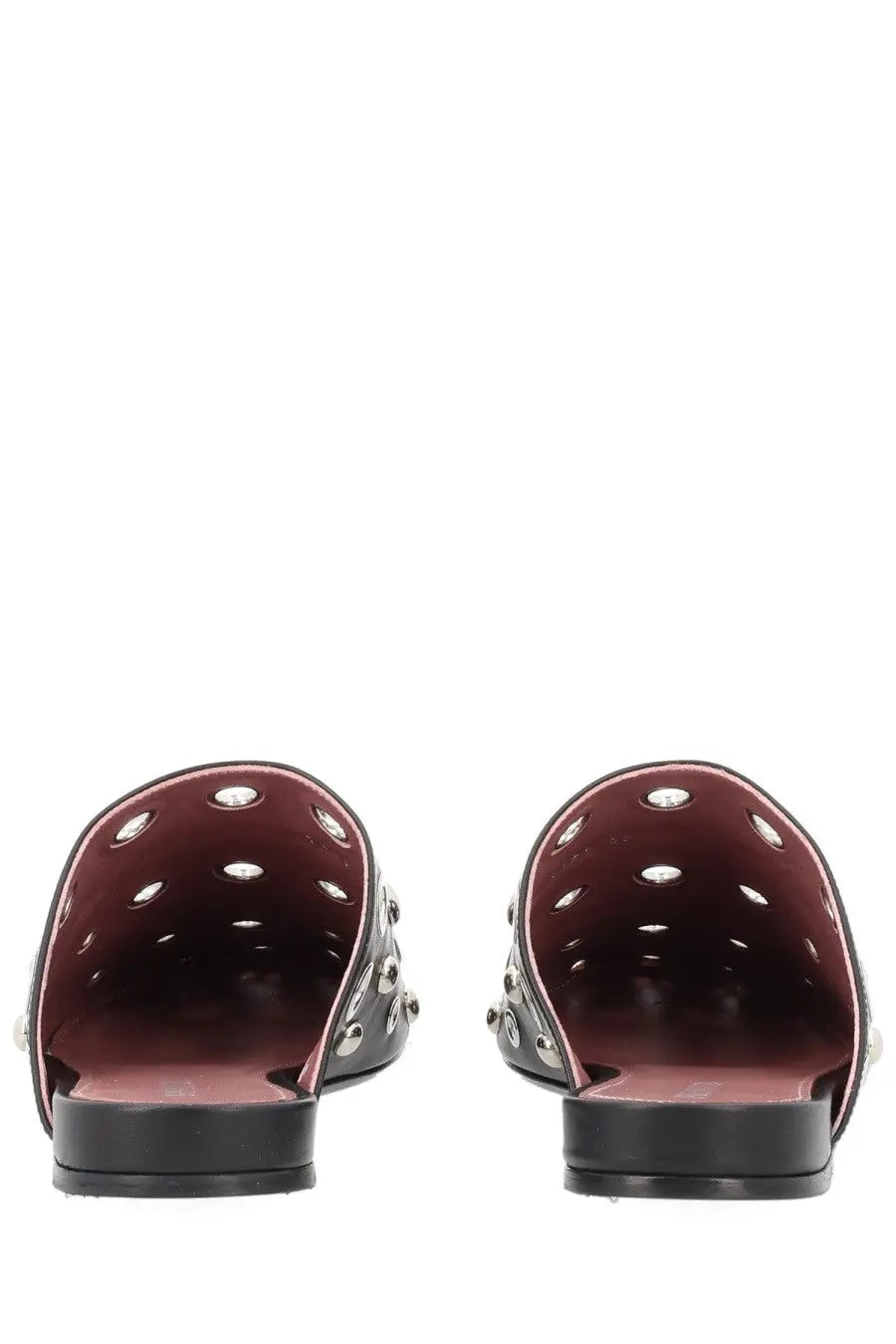 Premiata women’s black leather mules with silver studs and maroon interior for stylish casual wear