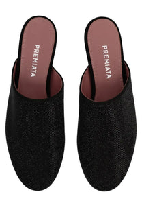 Premiata women’s leather black mules with textured glittery upper and soft suede lining for comfortable wear