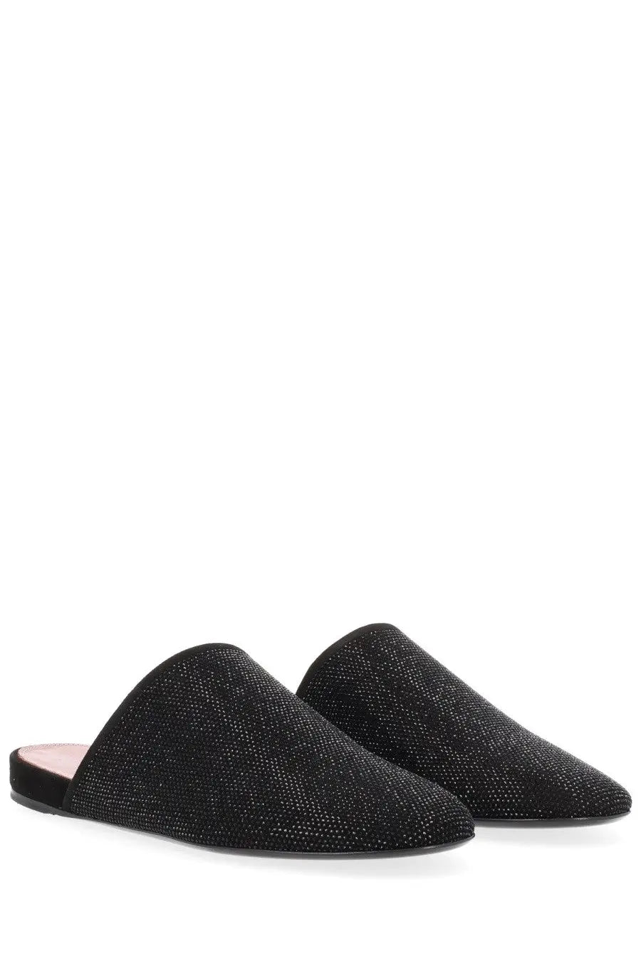 Premiata women’s leather slip-on mules in black with a sparkling textured upper and sleek flat sole