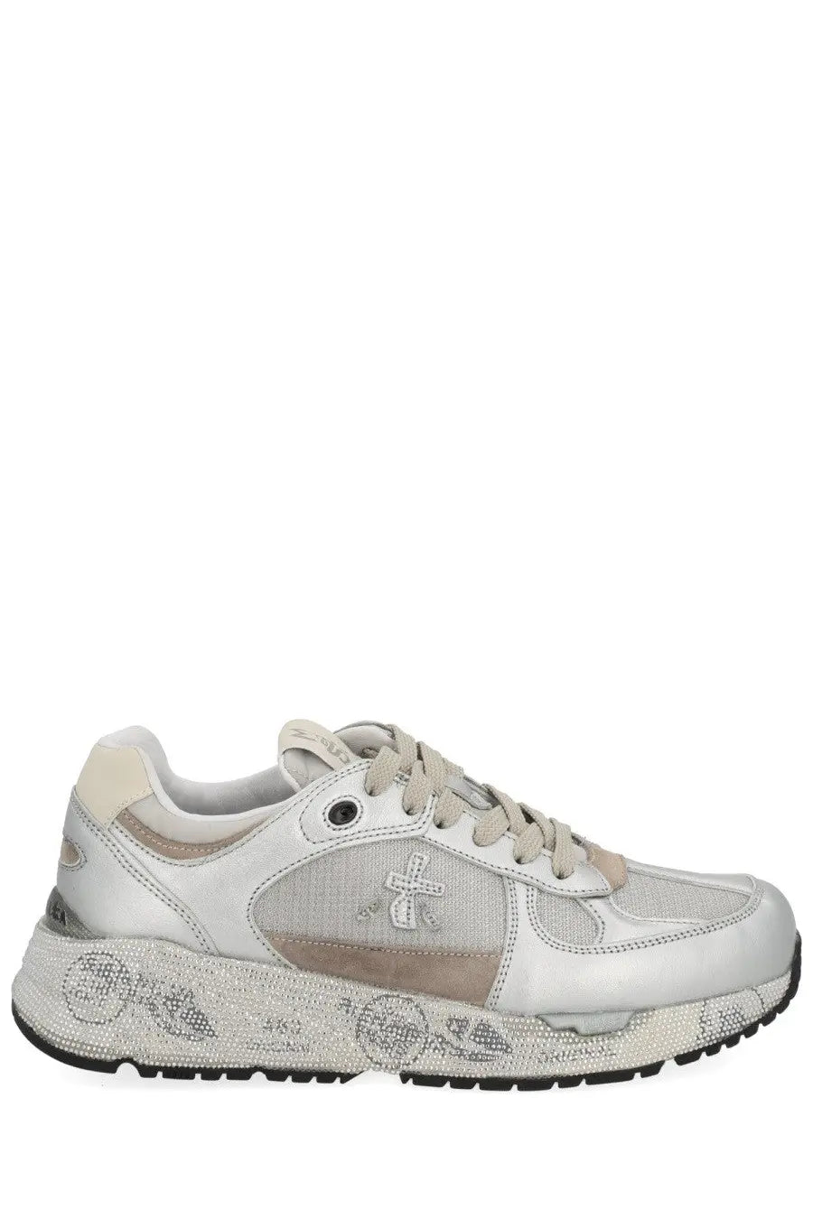 Premiata women’s Mased sneaker in silver and beige mesh and leather with chunky sole and sparkling embellishments