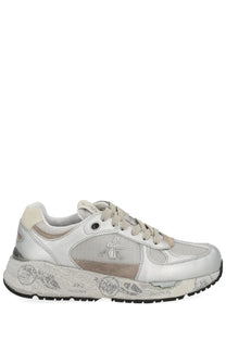 Premiata women’s Mased sneaker in silver and beige mesh and leather with chunky sole and sparkling embellishments