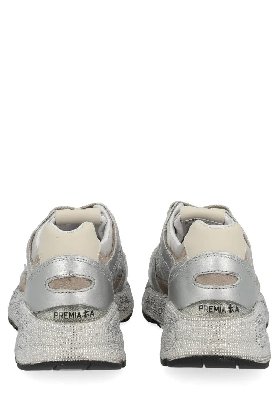 Premiata women’s mased sneaker in silver and beige with a textured glittery upper and chunky sole