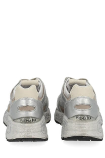 Premiata women’s mased sneaker in silver and beige with a textured glittery upper and chunky sole