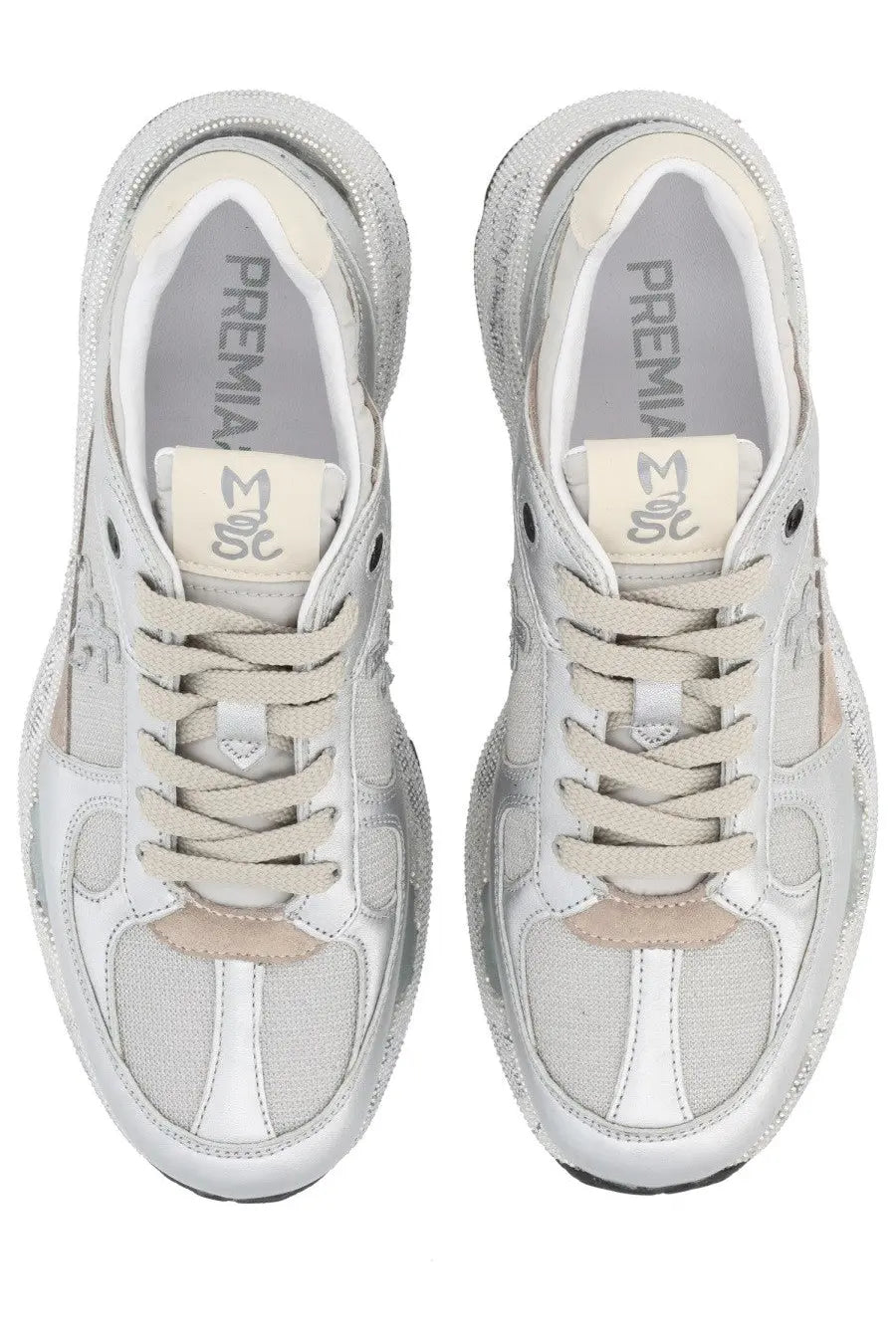 Premiata women’s Mased sneaker silver with chunky sole silver and beige mesh and synthetic leather upper