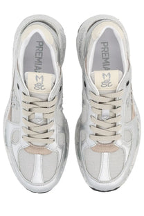 Premiata women’s Mased sneaker silver with chunky sole silver and beige mesh and synthetic leather upper
