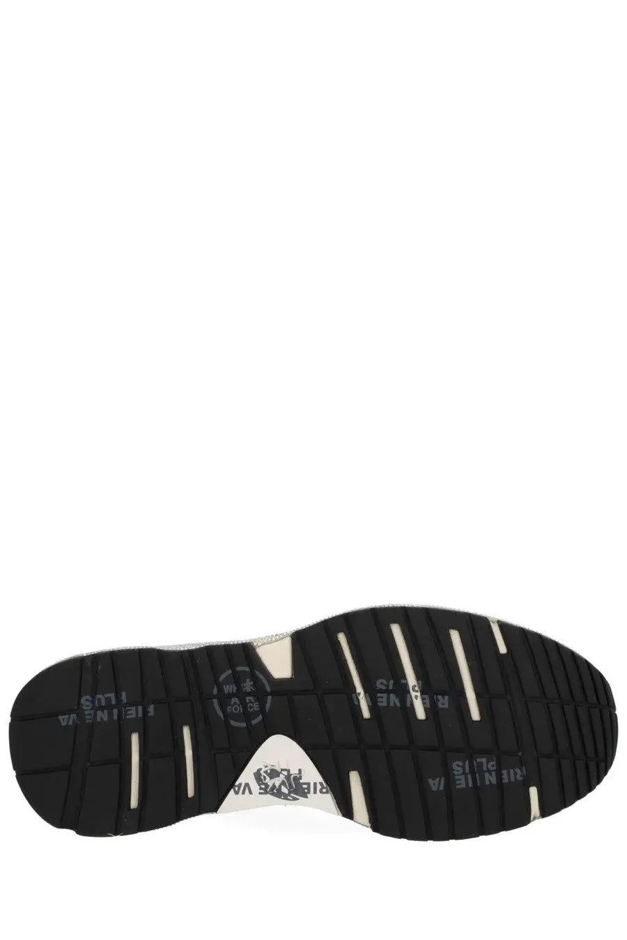 Black rubber sole with white traction stripes and central logo featuring renee va on premiata women’s mased sneaker silver