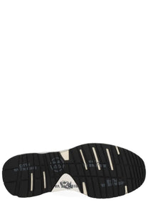 Black rubber sole with white traction stripes and central logo featuring renee va on premiata women’s mased sneaker silver