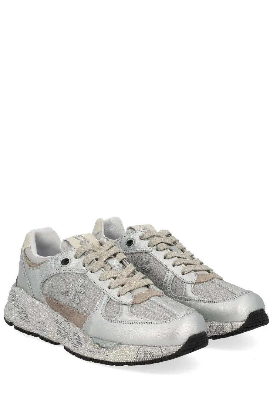 Premiata women’s mased sneaker silver featuring silver metallic material and chunky sole with subtle branding details