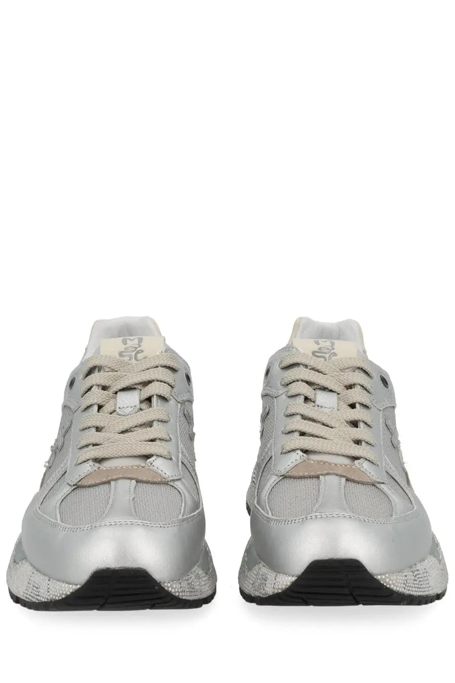Premiata women’s Mased sneaker silver with silver metallic textured upper beige laces and black rubber soles