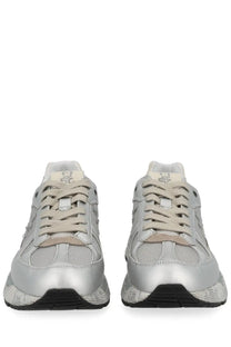 Premiata women’s Mased sneaker silver with silver metallic textured upper beige laces and black rubber soles
