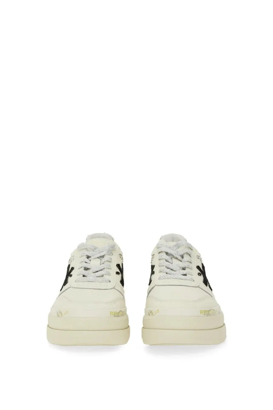 Premiata women’s Micol sneaker white cream-colored low-top sneaker with black embroidered logos and gold foil detailing