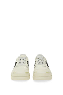 Premiata women’s Micol sneaker white cream-colored low-top sneaker with black embroidered logos and gold foil detailing