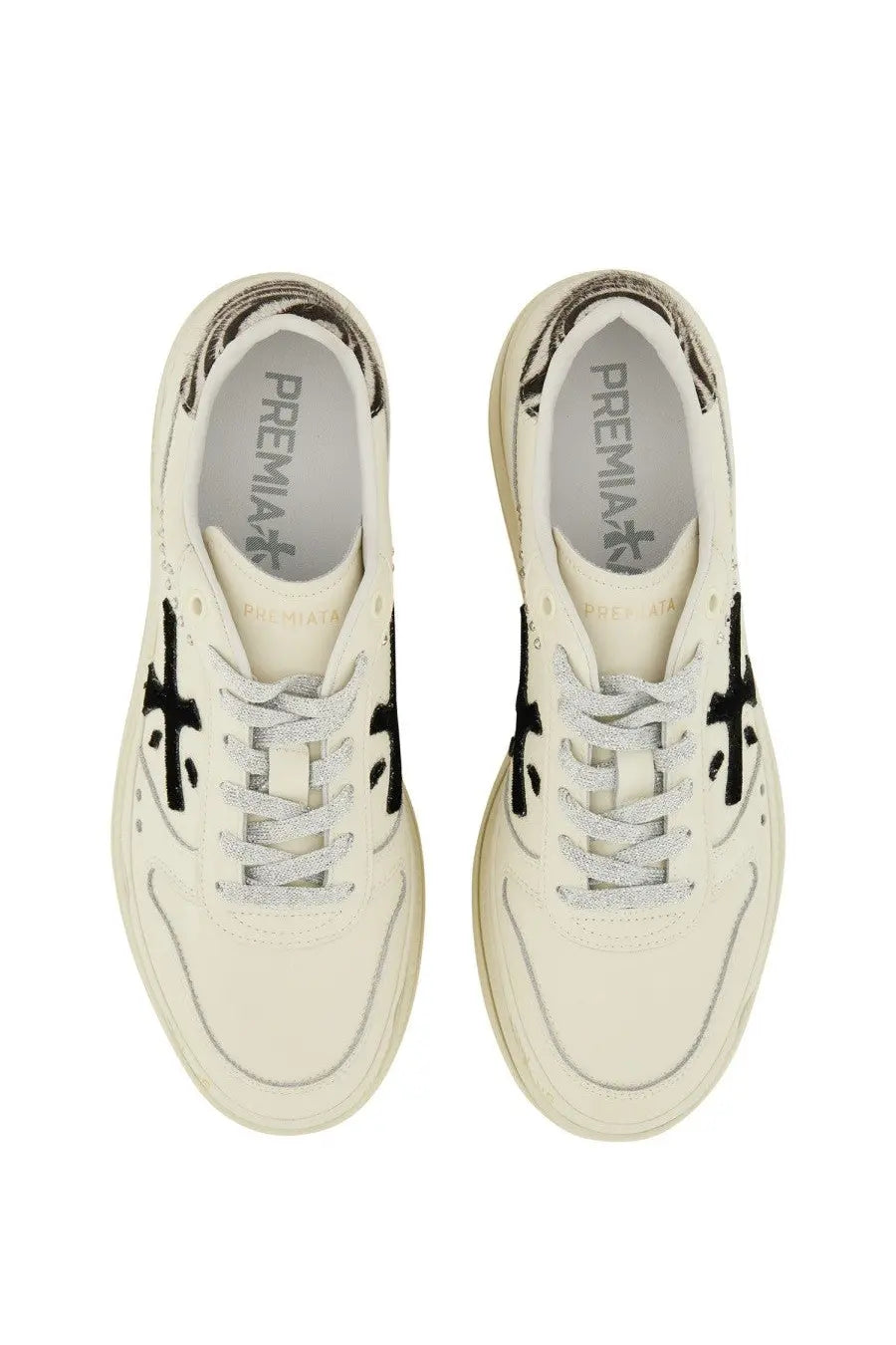 Premiata women’s Micol sneaker white cream-colored with black cross logos and silver laces in a premium leather design