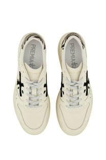 Premiata women’s Micol sneaker white cream-colored with black cross logos and silver laces in a premium leather design