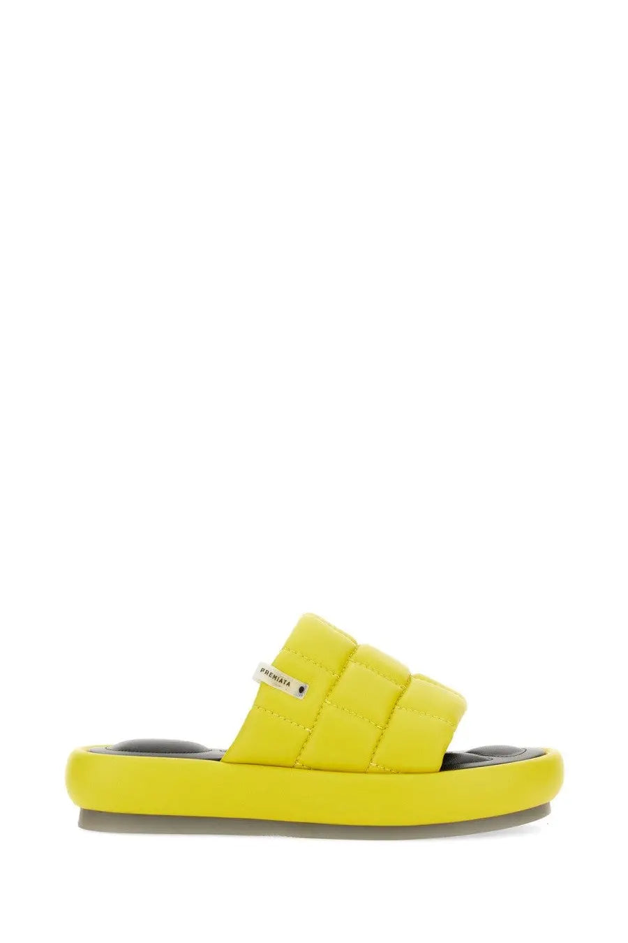 Premiata women’s yellow nappa sandal with bright yellow quilted slide and thick platform sole with balenciaga tag