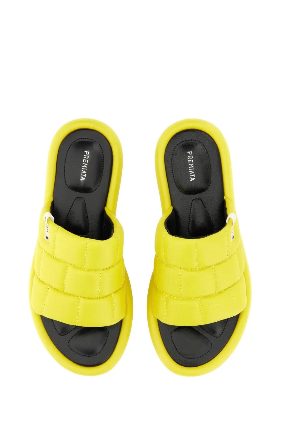 Bright yellow quilted nappa slide sandals with black soles and premiata brand label on the insole for women