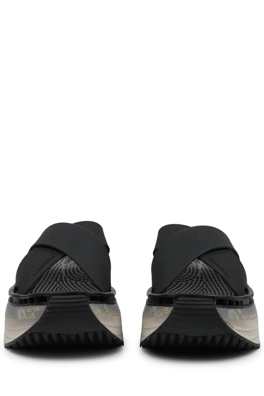 Premiata women’s sandalo moura black slide sandals with black cross straps transparent textured sole and chunky heel