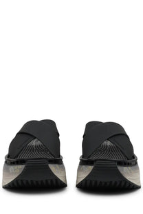 Premiata women’s sandalo moura black slide sandals with black cross straps transparent textured sole and chunky heel