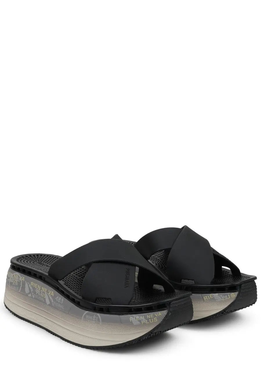 Premiata women’s sandalo moura black platform sandals with cross-over straps and translucent printed soles
