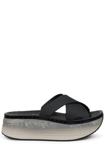 Premiata women’s Sandalo Moura black platform slide sandal with thick translucent sole featuring printed text and logos