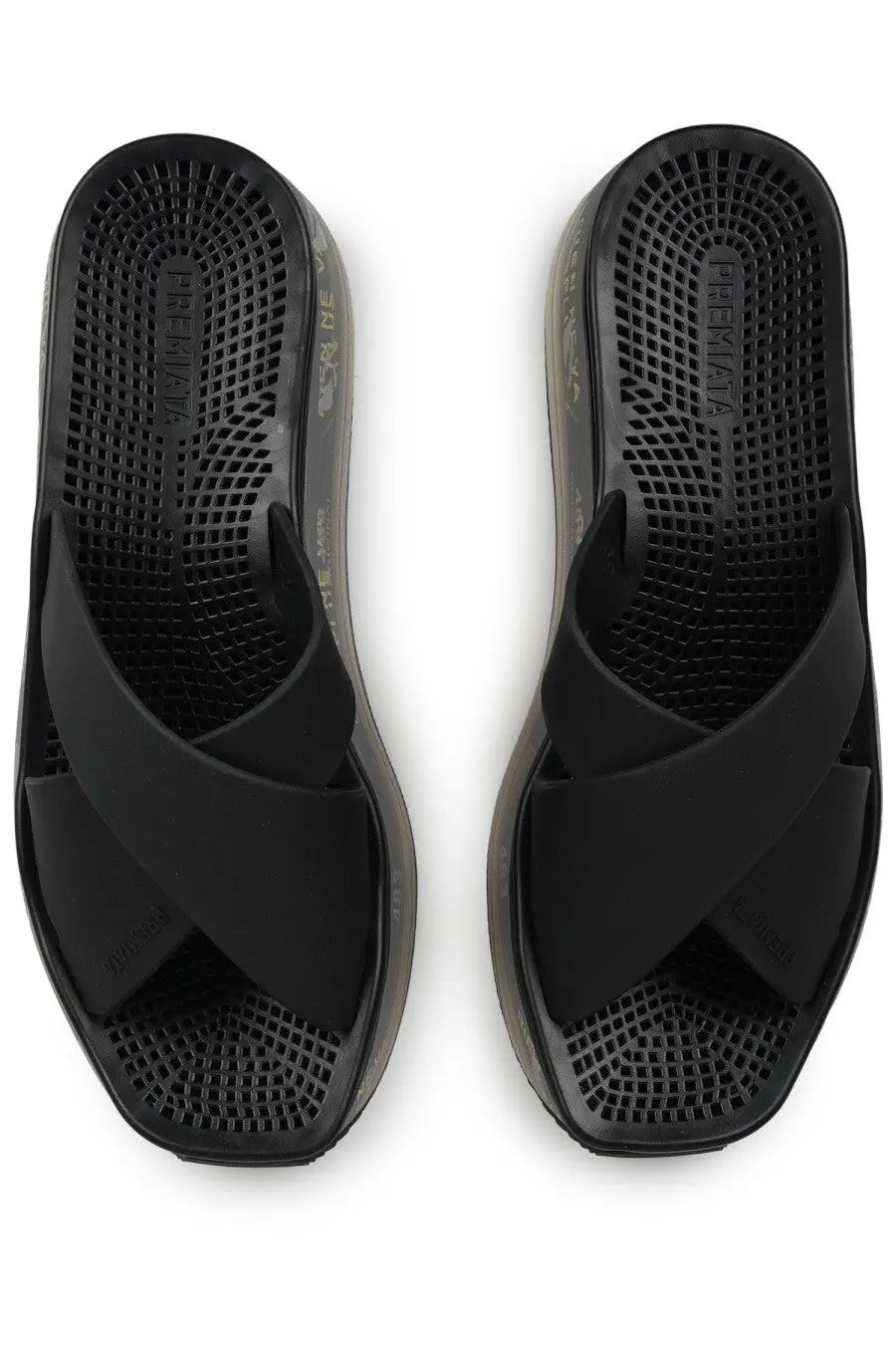 Premiata women’s sandalo moura black rubber sandals with thick perforated sole and crisscross strap design